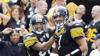 Hines Ward celebrates a touchdown against the Houston Texans with quarterback Ben Roethlisberger during a 2008 game at Heinz Field.
