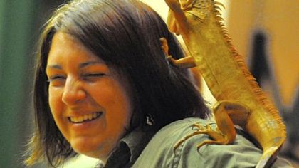 Trainer Amber Fandrich of Gretna, Neb., and with Wildlife Encounters, grimices as Ice, the green iguana, climbs on her head during an assembly  for the Carnegie Elementary School in Carnegie.