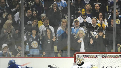 Marc-Andre Fleury makes a save on Toronto's Phil Kessel in the shootout Tuesday night.