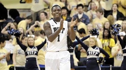 Pitt's Tray Woodall celebrates his team's win against Villanova Sunday afternoon at Petersen Events Center.