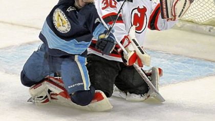 Devils goalie Martin Brodeur again proved too much for the Penguins. Brodeur, battling with Tyler Kennedy, had 41 saves in the New Jersey victory at Consol Energy Center.
