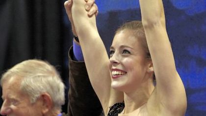 Ashley Wagner celebrates after seeing her scores Saturday in San Jose, Calif.