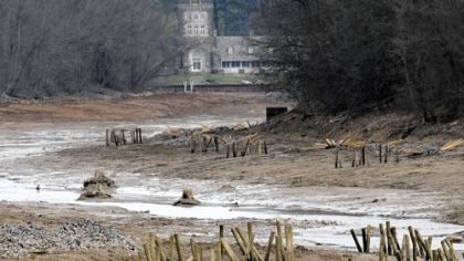 While North Park Lake was drained, some 240 fish habitat structures were constructed on the lake bed. This April 2011 photo shows some of the wood and stone structures placed to provide cover and spawning areas for fish and stumps dating to the park's 1927 creation.
