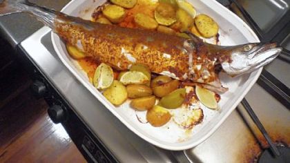 This mackerel was too big for the pan, but the result -- Roasted Mackerel with Harissa and Limes -- was delicious.