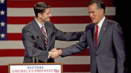Rep. Paul Ryan, R-Wis.  welcomes GOP presidential primary candidate, former Massachusetts Gov. Mitt Romney during a campaign stop at Lawrence University in Appleton, Wis. today.