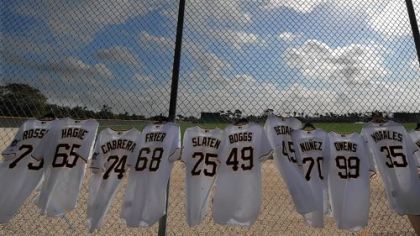 Pirates jerseys line the outfield fence in Bradenton, Fla. They will be signed by the players for Pirate Charities.