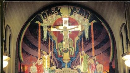 The altar and mural of St. Columba, one of the three closed Catholic churches in the Cambria City neighborhood of Johnstown. The ethnically Irish church was built in 1913-14 to replace an older structure, and was designed by Pittsburgh architect John T. Comes. Its altar mural blends religious imagery with contemporary events like World War I (doughboys are visible on the right) and the rise of industrialism (note the factory on the left).