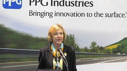 Cindy Niekamp, PPG's senior vice president, automotive coatings, addresses the media at the Detroit Auto Show last month.