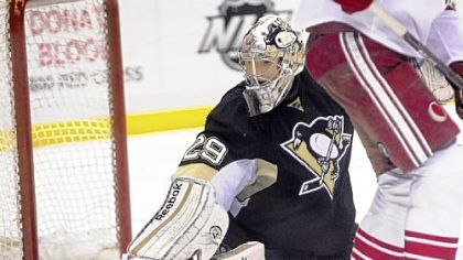 Marc-Andre Fleury makes a save Monday against Phoenix in the last minute of the third period at Consol Energy Center.