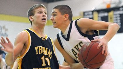 Thomas Jefferson's Chase Winovich, left, guards Keystone Oaks' Rocco Contristano in a Section 4-AAA game last week. Keystone Oaks leads the section standings and Contristano is among the WPIAL's top scorers.
