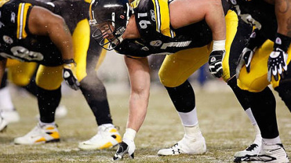 Steelers defensive lines up against the Chargers during a 2009 playoff game.