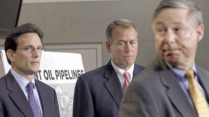 From left, House Majority Leader Eric Cantor, R-Va., House Speaker John Boehner, R-Ohio, and House Energy and Commerce Committee Chairman Fred Upton, R-Mich., take part in a news conference  Wednesday on  Capitol Hill.