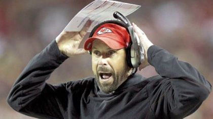 Former Kansas City Chiefs head coach Todd Haley yells to his team during the first half of a football game against the Steelers in Kansas City in November.