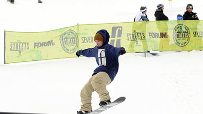 Cam Pierce at The Streets. Features replicate familiar structures in Downtown Pittsburgh.