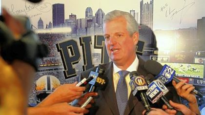 Pitt athletic director Steve Pederson, answering questions at a news conference in 2011, isn't ruling out legal action in order to leave the Big East early.