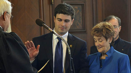Corey O'Connor, son of the late Pittsburgh Mayor Bob O'Connor, is sworn in as the city councilman for District 5.  His mother Judy O'Connor holds the Bible.