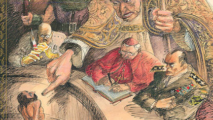 Edward Sorel's illustration from the cover of 'God's Jury.'