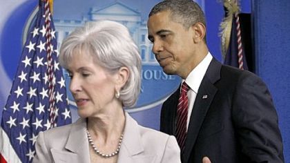 President Barack Obama and Health and Human Services Secretary Kathleen Sebelius leave the Brady Press Briefing Room of the White House Friday after the president announced the revamp of his contraception policy requiring religious institutions to pay for birth control.