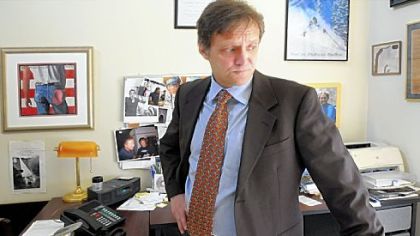 Witold "Vic" Walczak, legal director of the Pennsylvania American Civil Liberties Union, in his Oakland office. His affection for Bruce Springsteen decorates one wall, and mounds of case files fill his office.