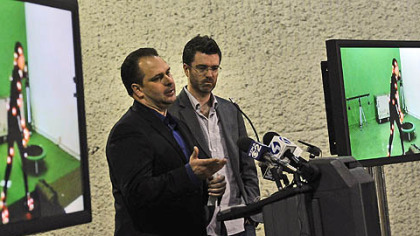 Chris Breakwell, left, CEO of 31st Street Studios, stands with James Knight of Knight Vision to describe how the motion capture operation would operate.