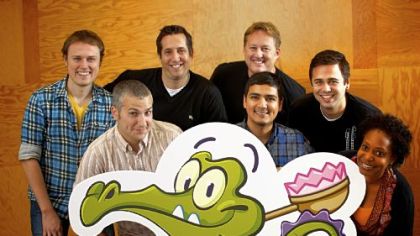 Mt. Lebanon grad Chad Cable, back left, is one of the designers of the Disney Mobile game "Where's My Water." the rest of the development team are, back row, second from left, Michael Casalino, Joe Vance and Jason Pecho; and front row, Tim FitzRandolph, Vincent Perea and Valerie Shavers.