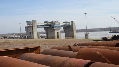 The control room for operating the unfinished locks at Olmsted, Ill., sits six stories above the Ohio River.