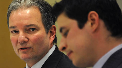 Penguins general manager Ray Shero and Sidney Crosby speaks to members of the media during a press conference at the Consol Energy Center.