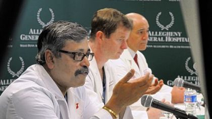 From left, Allegheny General Hospital doctors Srinivas Murali, Stephen Bailey and Raymond Benza talk to the media about the SynCardia temporary total artificial heart that was implanted in a 62-year-old Pittsburgh man on Feb. 17.