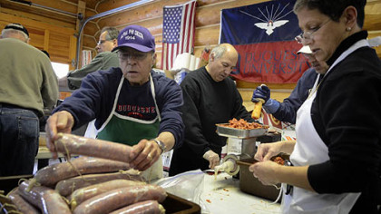 Sopressata piled up during the annual sausage-making party at Leon and Karen Panella's Prospect home.