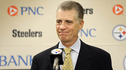 Steelers' team president Art Rooney II talks talks to reporters after the NFL and players association ended the lockout in July 2011.