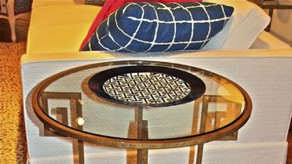 Lily Pulitzer Key to My Heart side table with Greek Key designed base