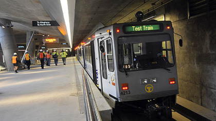 The test train sits in the new Gateway Station along the new line to the North Side.
