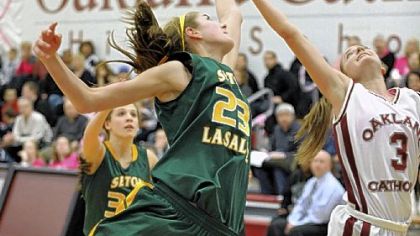 Seton-LaSalle's Natalie Piaggesi, left, and Oakland Catholic's Jess Mrdjenovich reach for a rebound in the showdown of No. 1-
ranked teams Saturday at Oakland Catholic.