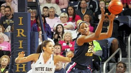West Virginia center Asya Bussie, right, pulls in a pass as Notre Dame forward Natalie Achonwa defends Sunday in Notre Dame, Ind.