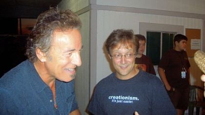 Witold "Vic" Walczak, right, meets Bruce Springsteen backstage before a concert in Hershey in 2008. At the concert Mr. Springsteen played "Part Man, Part Monkey" and dedicated it to "the Dover parents and good science education" for their legal challenge against the teaching of intelligent design.