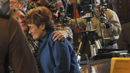 Judy O'Connor, widow of the late Pittsburgh Mayor Bob O'Connor and mother of incoming City Councilman Corey O'Connor, is overcome with emotion.
