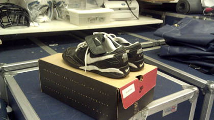 The last pair of Joe Paterno's signature black Nike Air Commanders in the Lasch Football Building equipment room at Penn State.