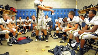 South Allegheny tight end Jesse James, seen here giving a pep talk to this teammates during halftime of a game against Burgettstown in September, will attend Penn State.
