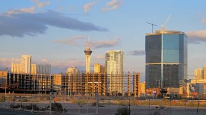 The unfinished Echelon (low to the ground at left) and the Fountainbleu Hotel and Casino highrise (right) sit vacant on the Las Vegas Strip.