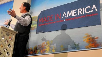 Republican presidential candidate Rick Santorum accused the Obama administration of devastating the economy, as he rallied voters at Froehlich's Classic Corner in Steubenville, Ohio. Students from nearby Franciscan University of Steubenville and the surrounding Tri-State area attended the event.