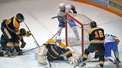 North Allegheny High School goalie Matthew Goda stops a shot by Canon-McMillan in a game earlier this season at Iceoplex Arena at Southpointe.