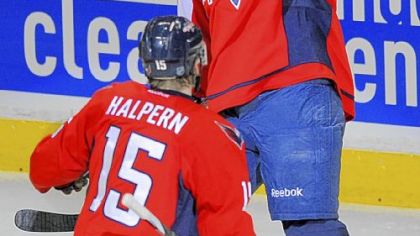 Washington's Jason Chimera, right, celebrates his goal == the only one of the game == with Jeff Halpern in the first period Wednesday night in Washington. The loss was the Penguins sixth in a row.