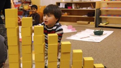 Sebastian Mross, 4, uses blocks in a number counting exercise in his class at the Glen Montessori School in Emsworth.