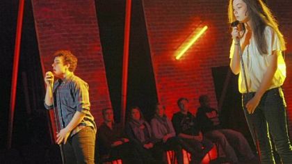 Jameson Corrie, left, who plays Moritz, and Adrianne Knapp, who portrays Ilsa, rehearse a scene for "Spring Awakening." Pittsburgh Musical Theater opens the production at the Byham Theater tonight.