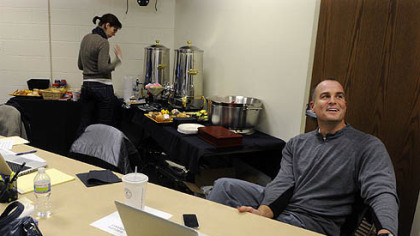 Bilas works in the production room on the day before the show.
