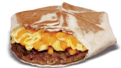 This product image shows Taco Bell's new Johnsonville sausage and egg wrap, one of the items the fast-food chain will be offering on its new breakfast menu which debuts Thursday.