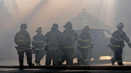Firefighters battle a three-alarm blaze that destroyed the Winchester Room steakhouse in North Versailles Monday afternoon.