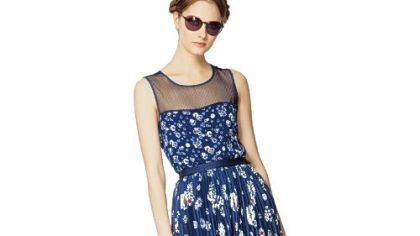 Sleeveless Top with Sheer Panel in Navy Floral, $26.99. Pleated Skirt in Navy Floral, $29.99. Clutch in Black, $29.99.   Jason Wu for Target.