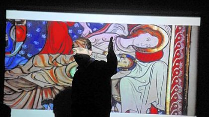 Tim Ternes, project director of the St. John's Bible project, gives a presentation Wednesday at La Roche College's Wright Library. The college is in the process of acquiring one of the hand-illuminated Bibles.
