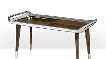 The Keno Bros. streamlined Chic tray table uses maple and louro preto veneers trimmed with stainless steel.